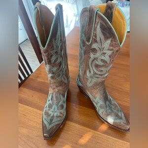Old Gringo Brown Leather Lace-Up Western Boots with Turquoise Stitching